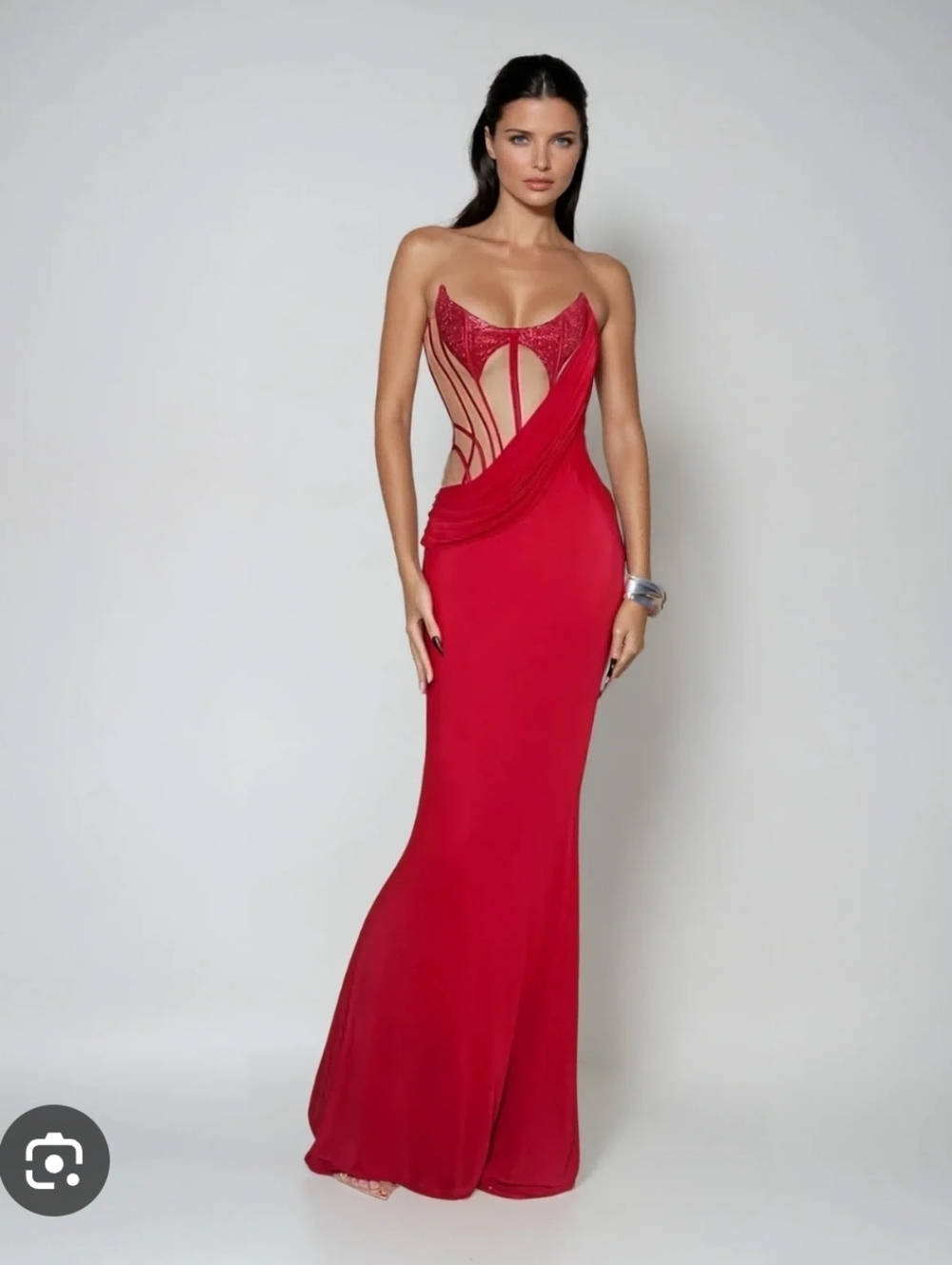 Mew Mews Red Draped Corset Sequin Evening Gown-Red Size S